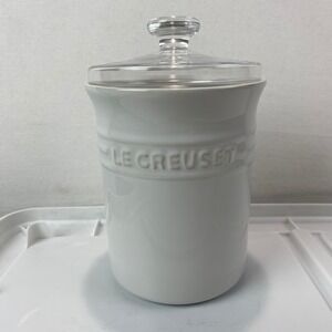 Le Creuset White Stoneware Canister Clear Glass Lid Tool Crock 7in